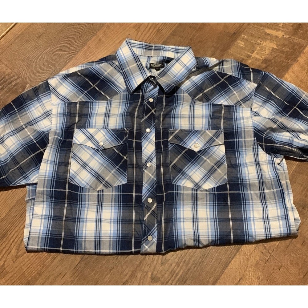 Gioberti Italy Mens‎ 2XL Plaid Western Shirt Blue Gray Pearl Snap